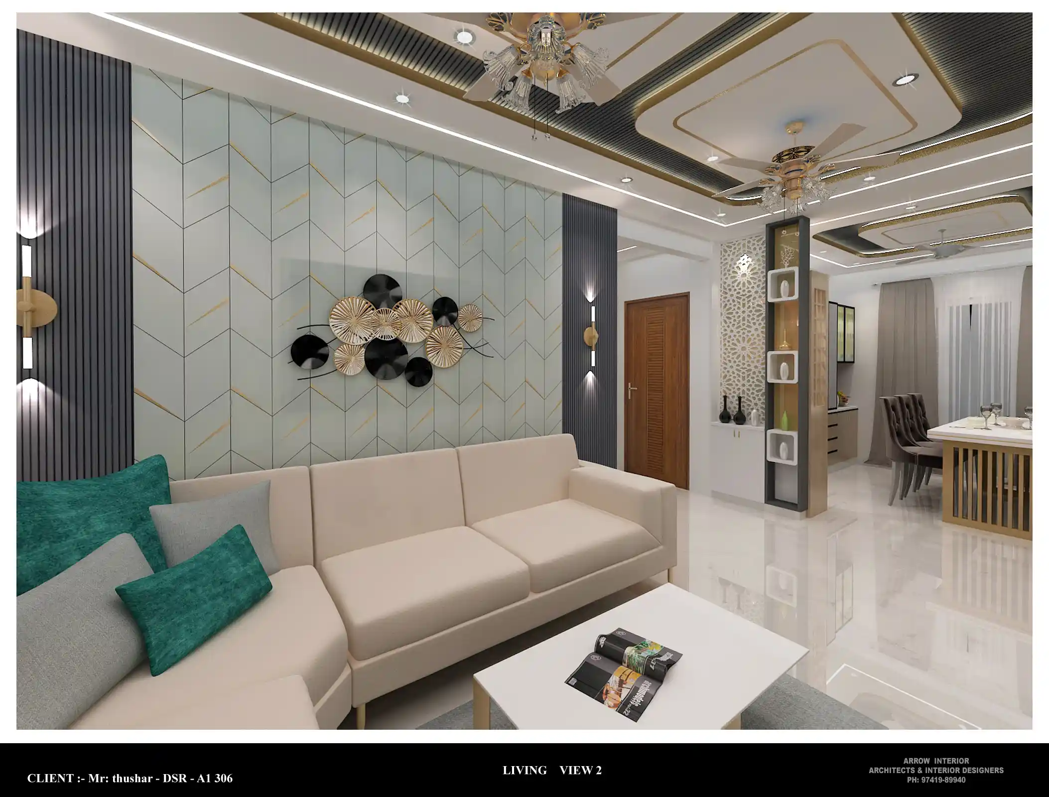 Luxury open-concept living salon interior design in Sarjapur Road Bengaluru by Arrow Interior - View 3
